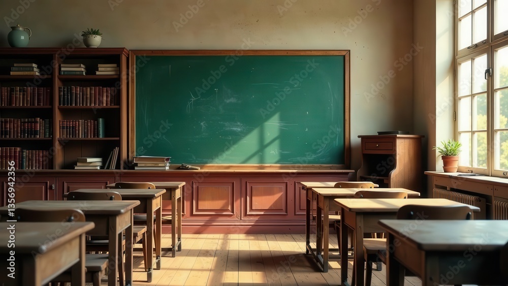 A sunlit classroom with antique desks, a chalkboard, and bookshelves filled with volumes; a scene of quiet study and contemplation A sunlit classroom with antique desks, a chalkboard, and bookshelves filled with volumes; a scene of quiet study and contemplation
