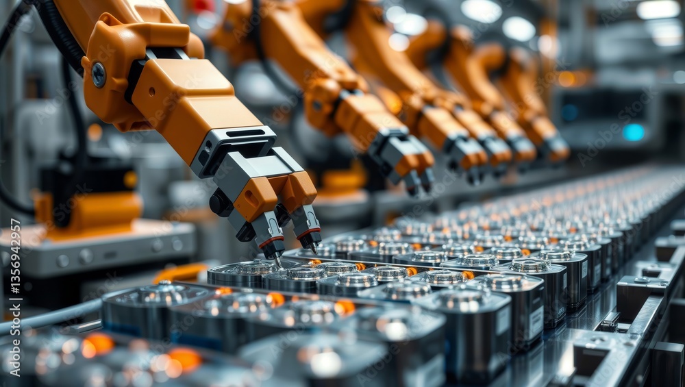 Fototapeta premium Robots assembling battery cells. Robotic arms assembling battery cells on a production line in a modern factory setting.