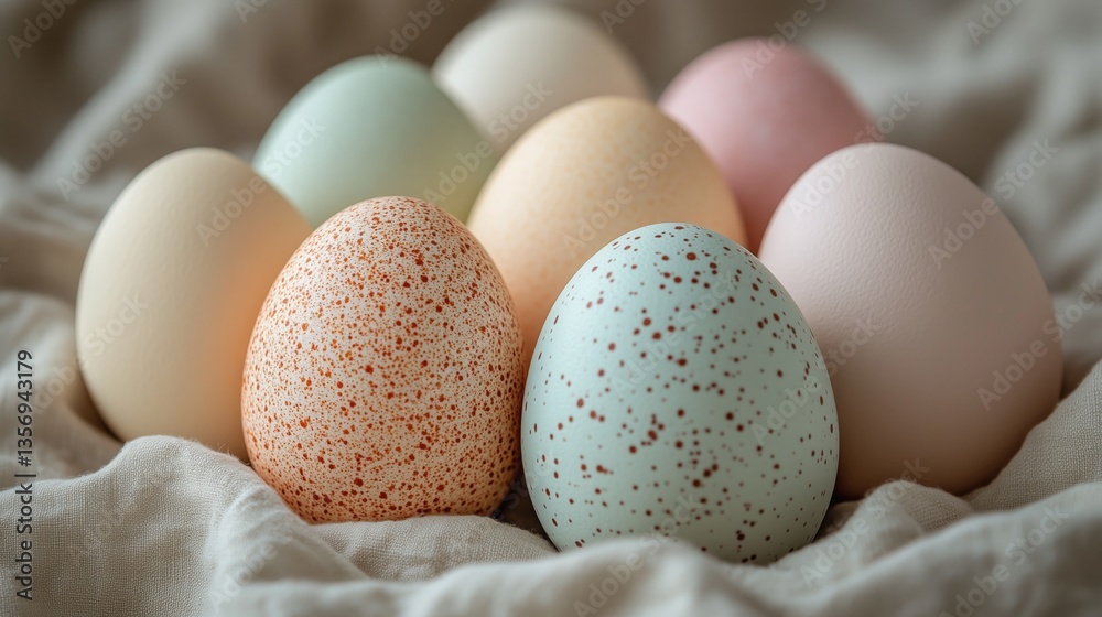 Pastel-colored Easter eggs with speckled patterns in shades of orange, light blue, pink, and beige, resting on a soft, textured fabric. Perfect for Easter decorations, spring-themed designs. Pastel-colored Easter eggs with speckled patterns in shades of orange, light blue, pink, and beige, resting on a soft, textured fabric. Perfect for Easter decorations, spring-themed designs.