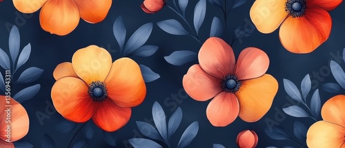 Artistic floral pattern background with orange flowers and blue leaves creating a serene and calming visual mood for design projects