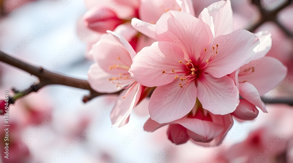 Obraz premium Close-Up of Pink Cherry Blossoms on a Branch in Spring
