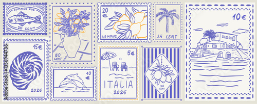Scenes of Sicilia amalfi. Sticker with lemons and sea animals. Vintage Italian print, wall art print vector travel postcard stamp, summer emblem, placard or poster. Retro frame border element design.