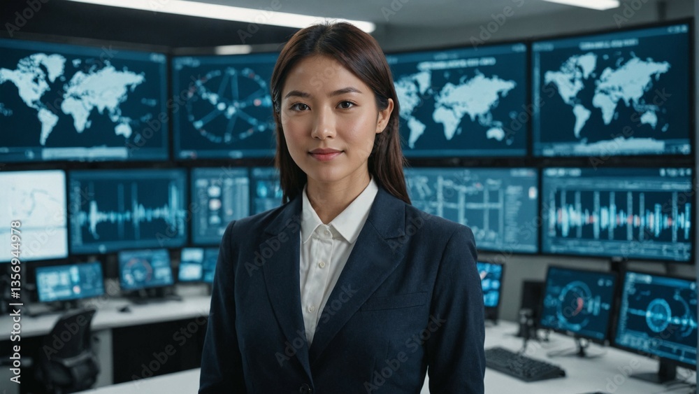 Fototapeta premium A Japanese female AI researcher works in artificial intelligence, science, and technology research