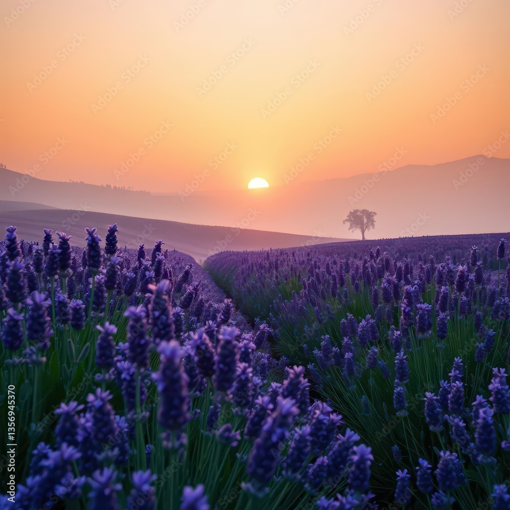 Naklejka premium Lavender field sunrise, misty hills, soft light, stock, rural