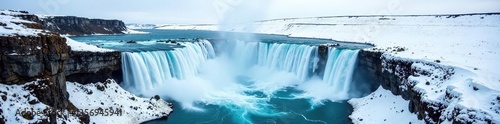 Aerial view of majestic Godafoss waterfall in icy winter, famous North Iceland landmark, untouched arctic landscape,  waterfall,  power