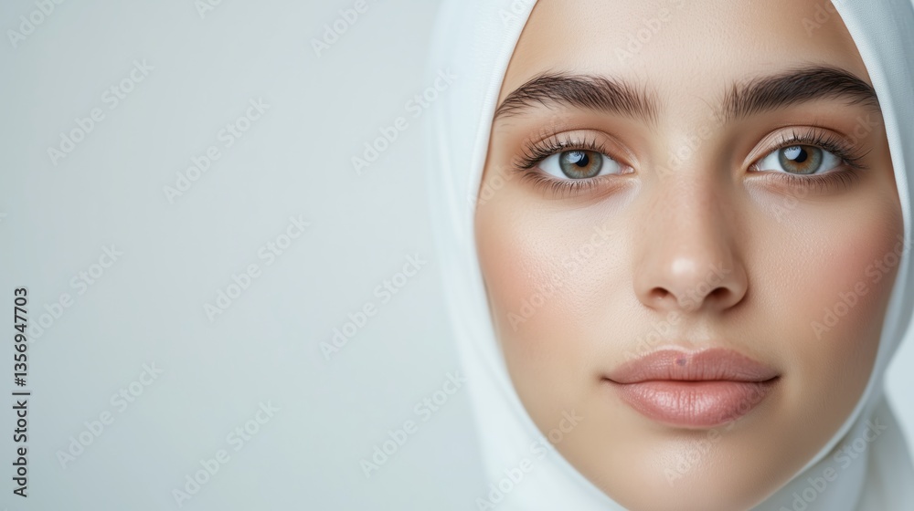 a close up shot of a beautiful Moroccon student, beautiful minimalist design, in minimalist style, white background
