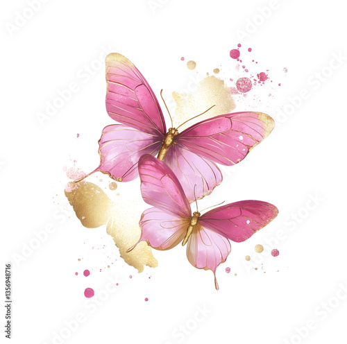 Borboletas rosas com detalhes doourado e gliter sobre um fundo transparente. Ilustração em aquarela