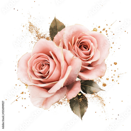 Floral, rosas com detalhes dourados e gliter em um fundo transparente