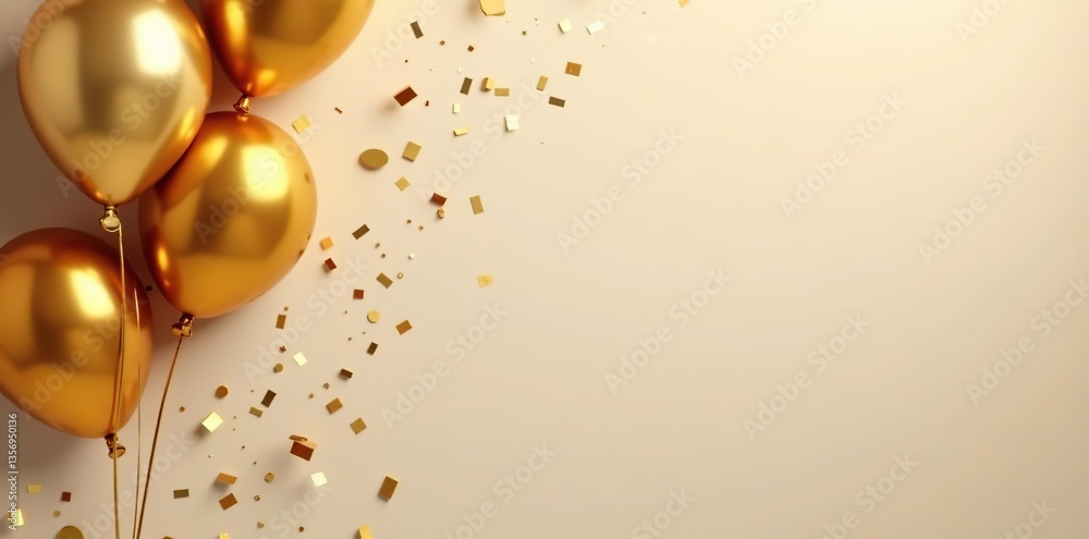 Obraz premium A festive celebration background with shiny gold balloons and confetti, birthday, decor