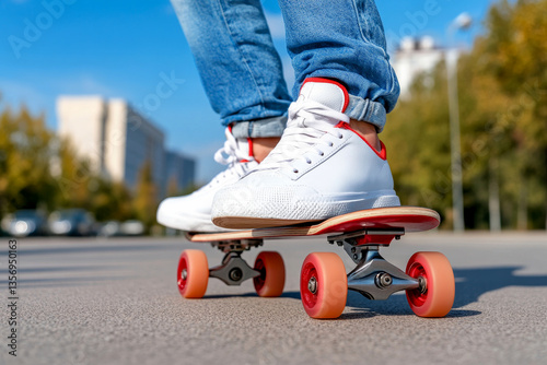 Close-up of a skateboarder wearing white sneakers riding a skateboard on an urban street with a blurred city background