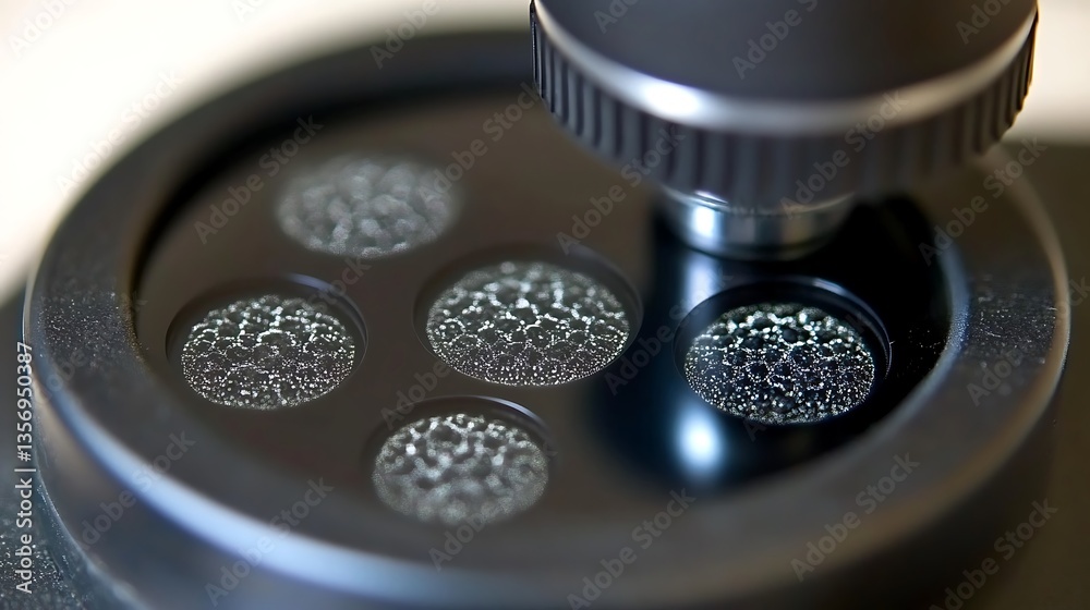 Microscopic view of four cell cultures under a microscope.