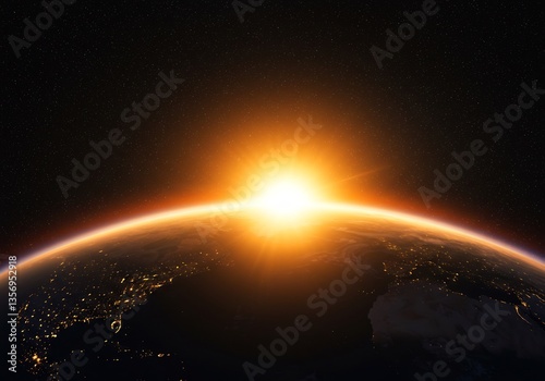 輝く地球、黄金の朝日、宇宙空間からの壮大な眺め