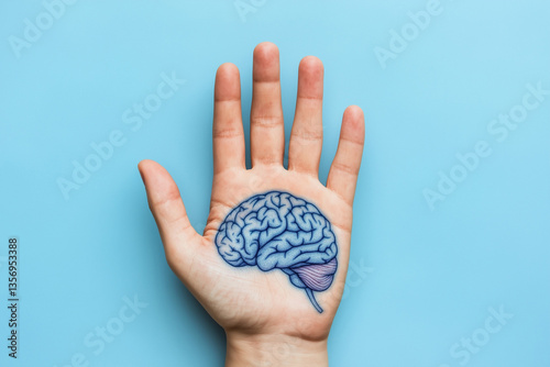 Human hand with a brain tattoo or drawing on the palm, fingers extended, man or woman's hand isolated on blue solid color background, illustration of the sense of touch and tactile sensations concept