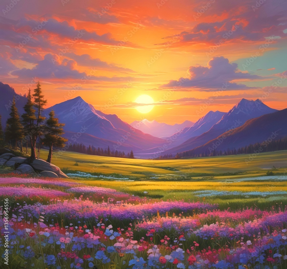 Obraz premium Illustration of spring landscape with field and flowers.