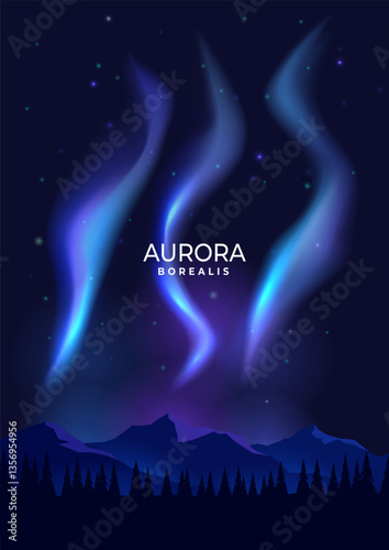 Northern lights. Landscape background. Bright glow at night, starry sky. Vector illustration.