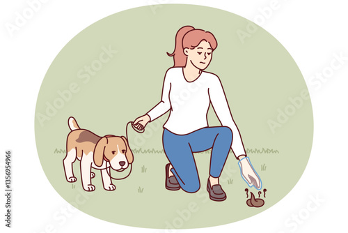 Woman walks dog with poop bag and picks up feces from ground, taking care of purity of nature. Young girl with dog on leash is in park and cleans after pet, showing civic awareness