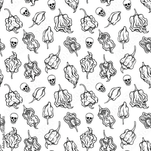 Seamless pattern with hand-drawn Carolina Reaper and Trinidad Scorpion peppers, and skull motifs. Ideal for spicy food branding, packaging, and textiles.