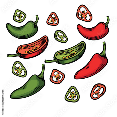 Colorful vector illustration of whole and sliced green and red jalapeño peppers, showing vibrant colors and seeds. Ideal for food packaging, restaurant menus, and spicy ingredient branding.