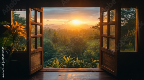 Sunrise view from open tropical door