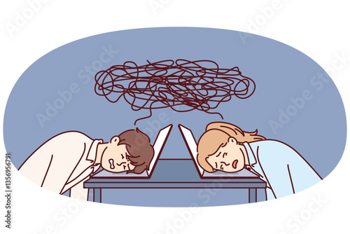 Tired office workers put their heads on table with laptop due to workplace overload or lack of coherence in company. Tired man and woman with erratic negative thoughts from long distance relationship