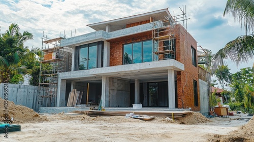 Modern house under construction, with scaffolding and materials. Exterior view of a multi-story home in progress, showing exposed concrete and brickwork, glass windows, and a large patio area. photo