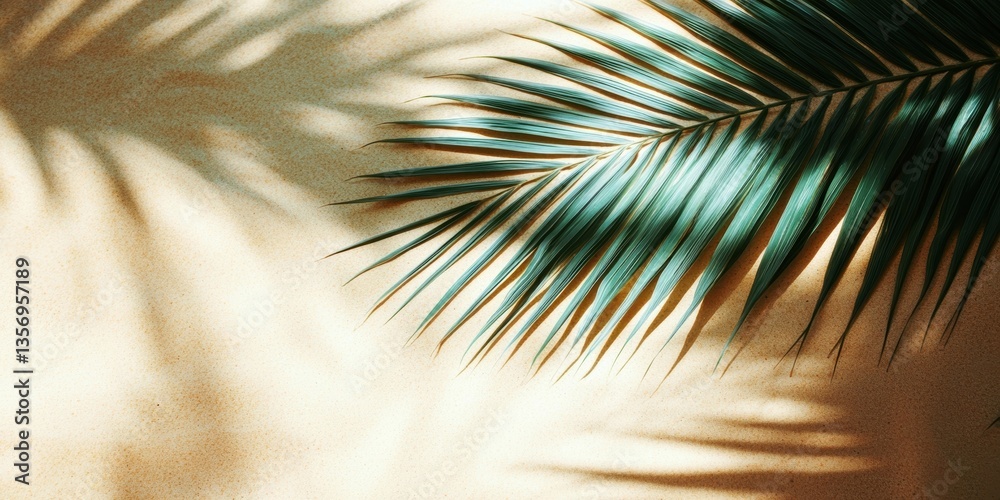 Fototapeta premium Soft tropical beach sand and palm leaf shadows create sunlit patterns perfect for summer vacation vibes
