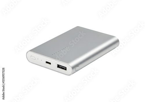 Silver Portable Power Bank with USB Ports for Charging Devices, Ideal for Travel, Outdoor Activities, and Emergency Backup Power Supply Solutions