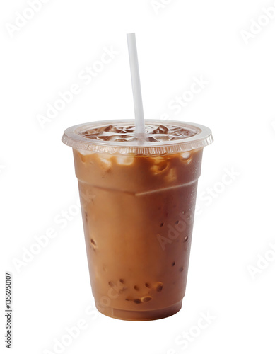 Iced coffee served in a clear plastic cup with transparent background