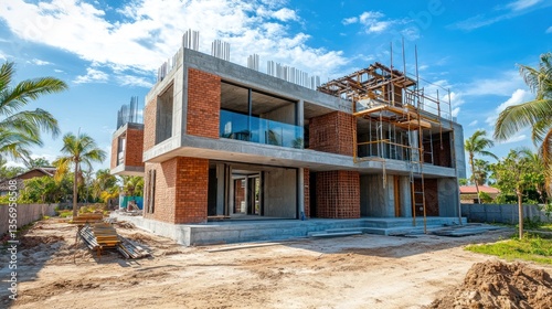 Modern residential building under construction, exterior view, with scaffolding, concrete, and brickwork.