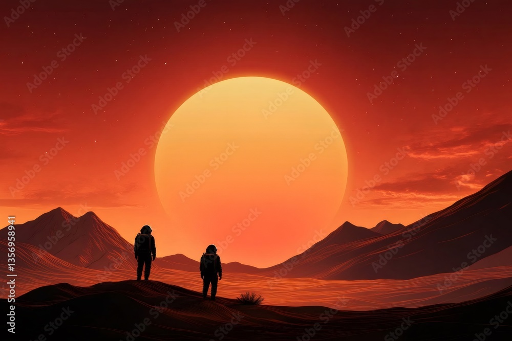 Fototapeta premium Two astronauts exploring alien planet with large sun and mountains