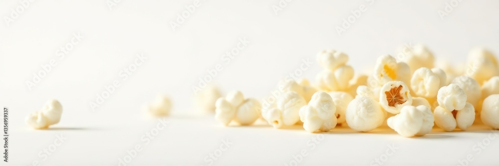 A close-up shot of scattered popcorn kernels against a plain white background, white, popcorn seeds A close-up shot of scattered popcorn kernels against a plain white background, white, popcorn seeds