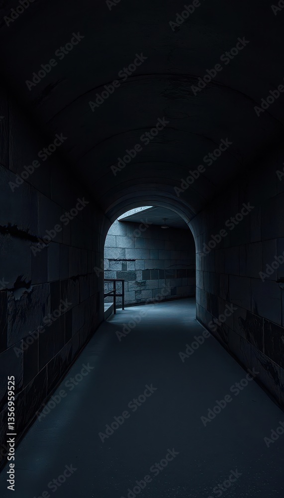 Rough-hewn concrete tunnel, textured walls, deep shadows, concrete, photography Rough-hewn concrete tunnel, textured walls, deep shadows, concrete, photography