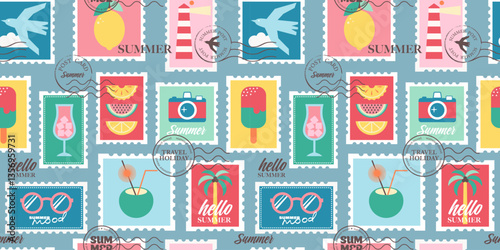 Summer seamless pattern with postage stamps for travel postcards. Background with stickers, badges or icons in flat design. Vacation mood labels. Modern geometric vector illustration.