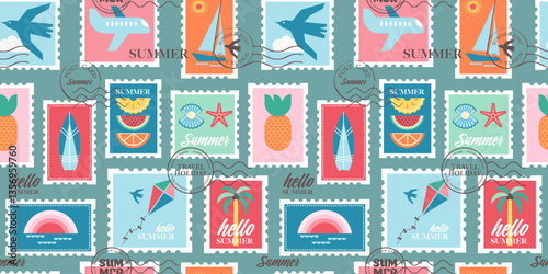 Summer seamless pattern with postage stamps for travel postcards. Background with stickers, badges or icons in flat design. Vacation mood labels. Modern geometric vector illustration.