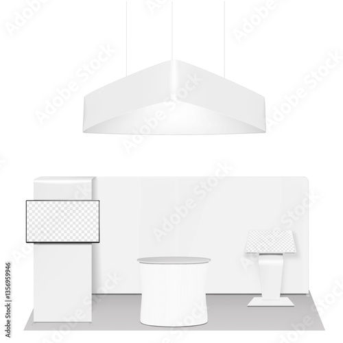 Trade show booth display kit mock-up. Expo tradeshow set template. Hanging ceiling overhead triangle sign, backdrop exhibition banner stand, LCD monitor, table, floor digital kiosk. 3d vector mockup