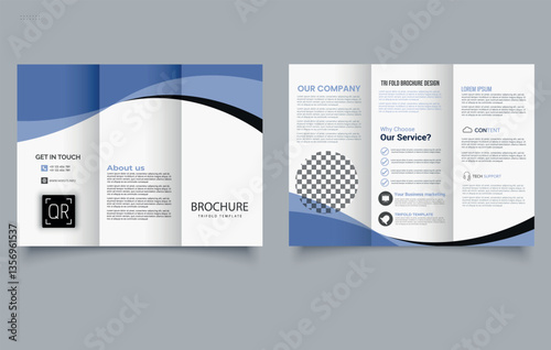 Trifold Brochure Template with blue waves. Editable image.