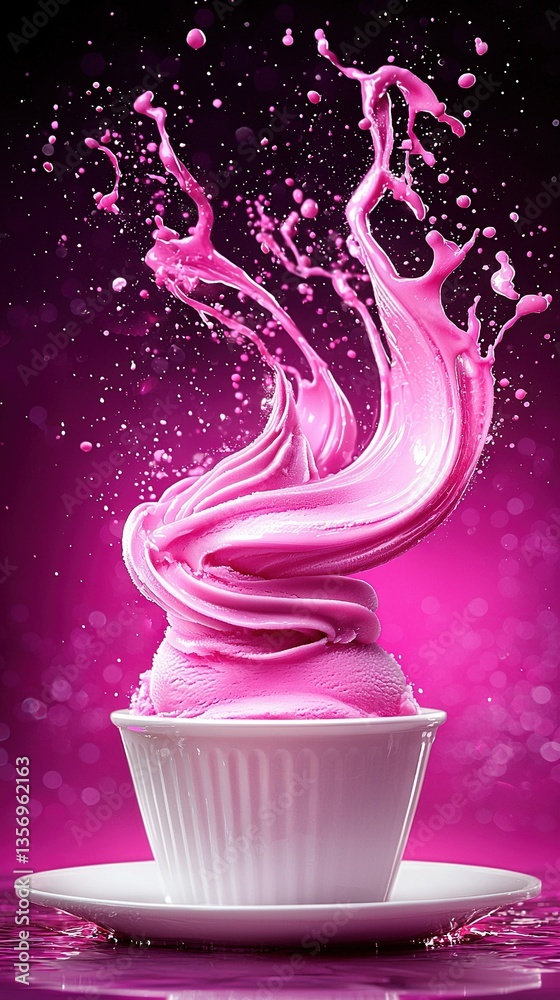 A zoomed-in image of a cupcake with pink frosting against a purple backdrop, featuring a droplet of water splashed on top