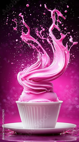 Obraz na płótnie A zoomed-in image of a cupcake with pink frosting against a purple backdrop, featuring a droplet of water splashed on top w salonie