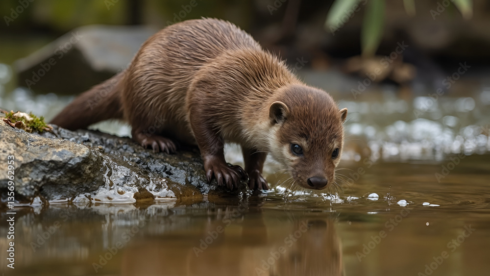 Fototapeta premium Otter on rock by water, wildlife photography