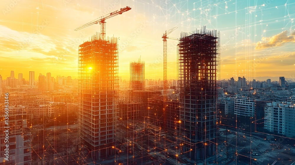 Fototapeta premium Engineers and designers evaluating construction progress on a commercial site illustration