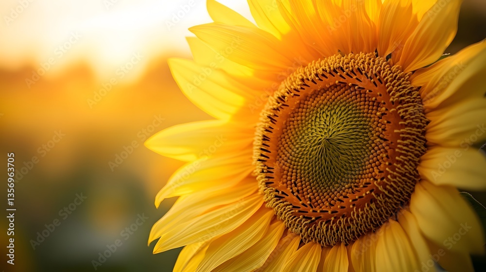 Fototapeta premium Close-up of sunflower in the field at sunset.