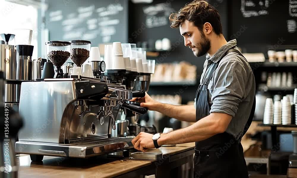 A barista expertly working at an espresso machine in a modern, professional coffee shop. A barista expertly working at an espresso machine in a modern, professional coffee shop.
