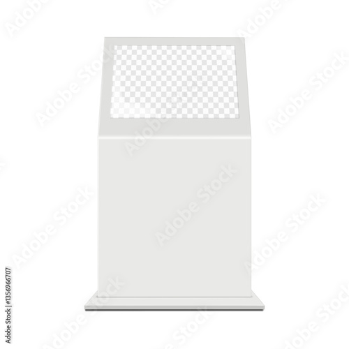 Touch screen self-service kiosk front view. Realistic 3d vector mockup. Blank interactive angled touchscreen retail display. Mock-up. Empty transparent tilt LCD LED screen. Template for design