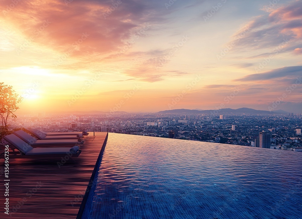 Fototapeta premium A luxury hotel swimming pool with a wooden deck and sun loungers overlooking the city of Chiang Mai at sunset, Thailand. High-quality photo. Ultra-realistic photography.