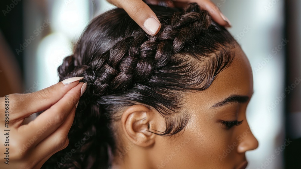 Fototapeta premium A close-up of a hairstylist braiding a client's hair