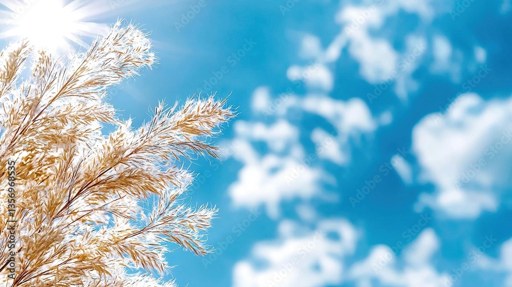 A zoomed-in photo of a plant against a backdrop of vivid blue sky and cloudy skyline in the front A zoomed-in photo of a plant against a backdrop of vivid blue sky and cloudy skyline in the front