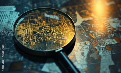 A magnifying glass reveals a detailed, abstract architectural grid on an old, aged map.
