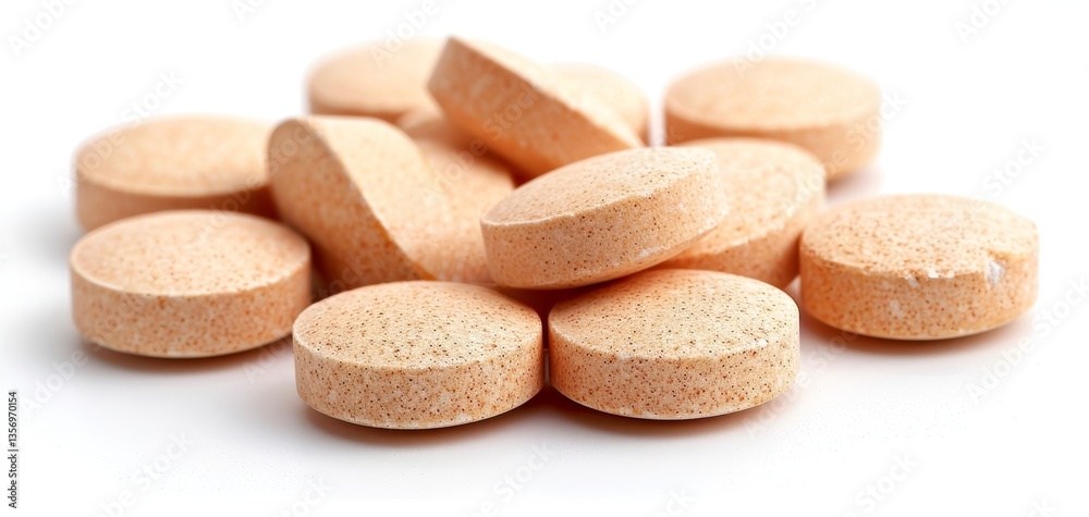 A cluster of orange tablets, circular in shape, with a speckled texture, arranged on a white surface. A cluster of orange tablets, circular in shape, with a speckled texture, arranged on a white surface.