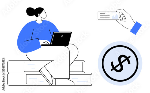 Person using laptop while seated on books, hand holding a card, and dollar sign icon. Ideal for e-learning, finance, self-education, saving, remote work budgeting digital tools. Flat simple