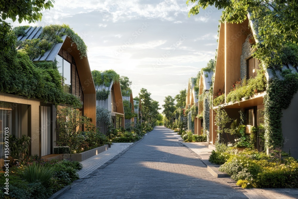 Fototapeta premium Modern Eco-Friendly Housing with Lush Greenery and Sustainable Design